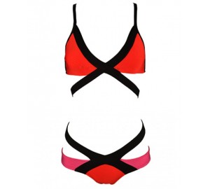 'Sara' red & coral neon bandage bikini